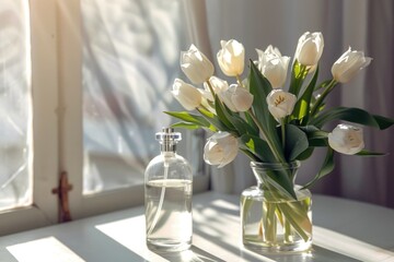 A vase of white tulips sits on a table next to a bottle of perfume. The vase is filled with water and the flowers are in full bloom, creating a sense of freshness and beauty