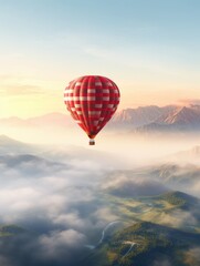 Fototapeta premium A red and white hot air balloon is flying over a mountain range. The balloon is the only object in the image, and it is the main focus of the scene. The sky is cloudy