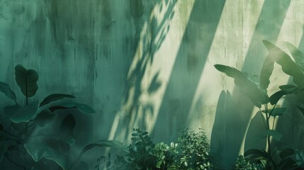 A wall with green plants and a shadow on it. The plants are growing in a garden. The shadow is cast by the sun - Powered by Adobe