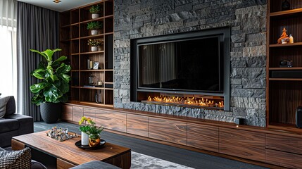 A high-end living room with a textured stone accent wall, a built-in ethanol fireplace, and a bespoke walnut entertainment unit
