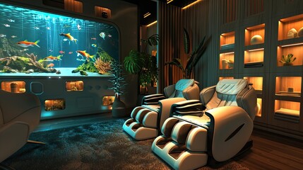 A high-end living room with a built-in virtual fish tank, a wall of smart storage solutions, and a set of convertible massage chairs