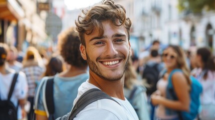 Handsome young man on walk in town with people crowd on background