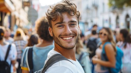 Fototapeta premium Handsome young man on walk in town with people crowd on background