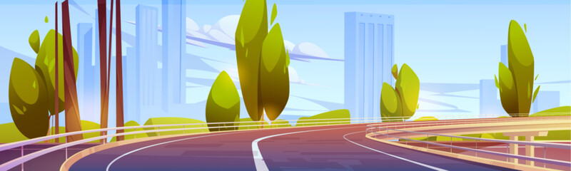 Curve bridge road lead to city with skyscrapers. Cartoon vector illustration of town landscape with multistorey buildings, highway and green trees on sunny summer day. Speed freeway construction.