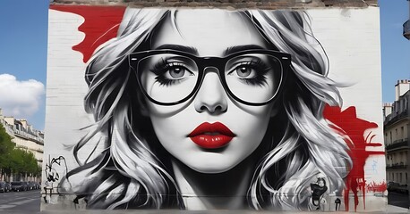 Minimalist graffiti on brick wall a white brick wall as a canvas a huge face of a woman mane covers half the woman's face painted in black and white, her lips red and her black glasses.