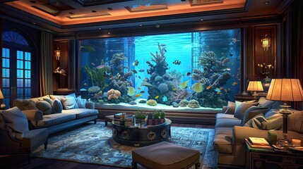 A high-end living room with a large custom-designed fish tank as the centerpiece, surrounded by luxurious furniture and ambient lighting to enhance the tranquil underwater scene