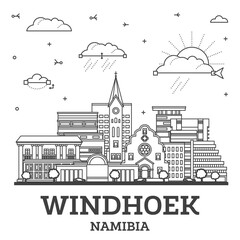Outline Windhoek Namibia City Skyline with Modern and Historic Buildings Isolated on White. Windhoek Cityscape with Landmarks.