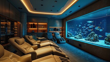 A high-end living room with a built-in virtual fish tank, a wall of smart storage solutions, and a set of convertible massage chairs