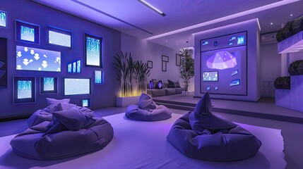 A high-end living room with a built-in hologram projector, a wall of interactive digital frames, and a set of designer bean bags