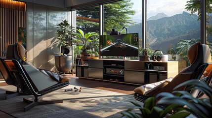 A high-end living room with a built-in virtual reality gaming setup, a sleek sideboard with hidden storage, and a set of foldable armchairs
