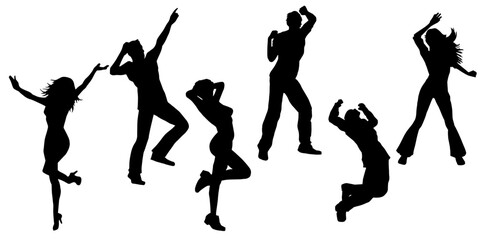 Silhouettte collection of happy people doing dancing pose. Silhouette collection of people disco dance pose