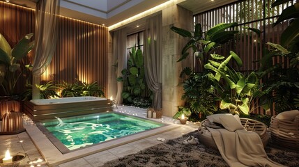 A high-end living room with a luxurious, spa-like feel, featuring a small indoor pool or jacuzzi, surrounded by lush plants and soft, relaxing lighting, creating a tranquil retreat within the home