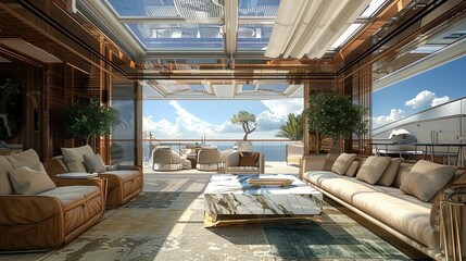 A high-end living room with a retractable roof, allowing the space to open up to the sky above on clear days, furnished with luxurious materials such as marble, leather, and fine woods