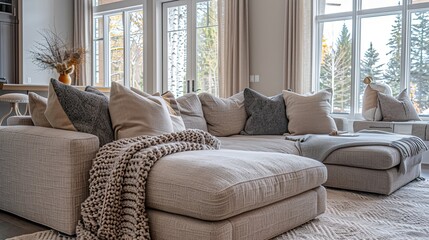 A high-end living room with a focus on comfort, featuring plush, oversized sofas, soft throw blankets and pillows, and a warm, inviting color palette that makes the space feel cozy and welcoming