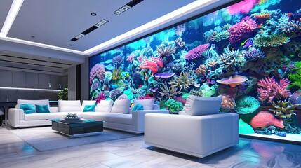 A high-end living room with an aquarium wall, showcasing a vibrant marine ecosystem, complemented by sleek white furniture and minimalistic decor