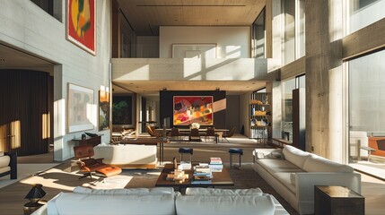 A high-end living room with a gallery-like feel, featuring large, open spaces, minimal furniture, and walls adorned with large-scale art pieces, creating a museum-quality aesthetic