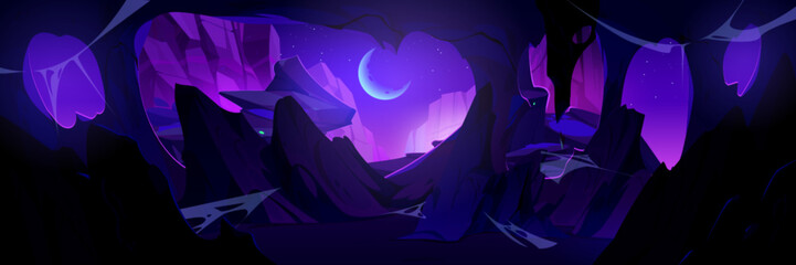 View from inside of cave on rocky cliff mountains at night with crescent moon on sky. Cartoon vector illustration of midnight landscape through underground grotto entrance hole. Empty stone cavern. - obrazy, fototapety, plakaty