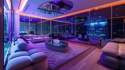 A high-rise living room with floor-to-ceiling mirrored walls reflecting a custom-built aquarium, deep plush seating, and ambient lighting that changes color to fit the mood