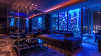 A high-rise living room with floor-to-ceiling mirrored walls reflecting a custom-built aquarium, deep plush seating, and ambient lighting that changes color to fit the mood