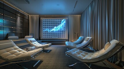 A high-tech living room with a digital art frame, a wall of soundproofing curtains, and a set of lounge chairs