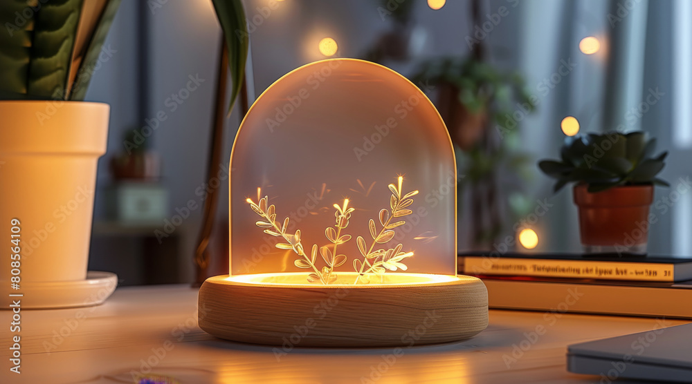 Poster mock up template transparent acrylic night light in white desk workspace. generative ai.
