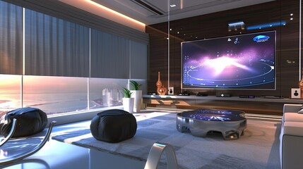 A high-tech living room with a programmable smart window tinting system, a sleek media wall, and a set of minimalist rocking stools