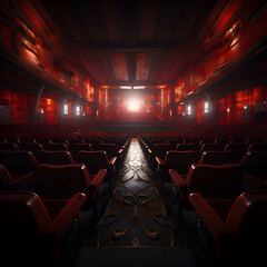 Theater stage with red seats and a spotlight. 3d rendering