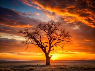 A tree stands alone in a field with a beautiful sunset in the background