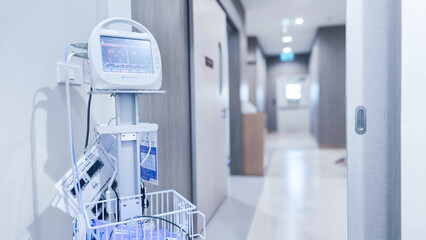 Blurred photo background of  Medical equipment in hospital walkway for disability...