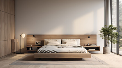 A minimalist bedroom with neutral colors and sleek furniture.
