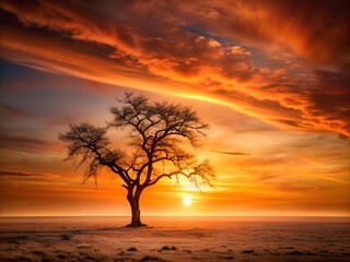 A tree stands alone in a field with a beautiful sunset in the background