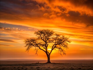 A tree stands alone in a field with a beautiful sunset in the background