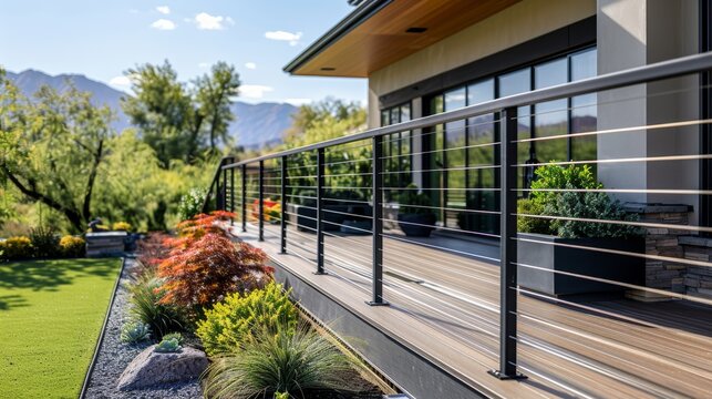 A modern minimalist black cable rail with wood on top, backyard with landscaping. Generative AI.