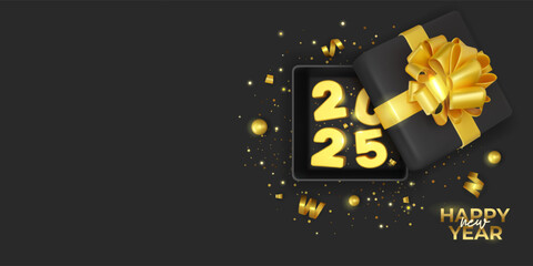 Happy New Year 2025 banner in black and gold realistic style. Merry Christmas design with golden numbers and gift box. Dark black background. Top view, numbers and shining confetti