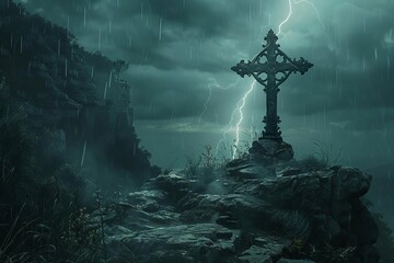 An ornate metallic cross perched on a cliffside, its outline stark against a raging thunderstorm, lightning flashing behind - obrazy, fototapety, plakaty