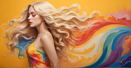 yellow background imagine a beautiful young woman with Rainbow waves