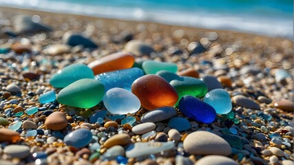 vibrant jewels on the shore. Sea glass with a grainy polish and stones near the shore. Close-up view of multicolored sea pebbles set in sparkling green and blue glass. Summer at the beach
