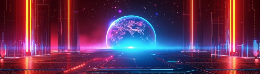 Fototapeta premium Creative fantasy podium of digital transformation, embracing innovation and progress, in cyber color, with big copy space