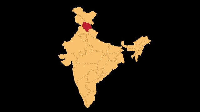 Himachal Pradesh map animated video. Himachal Pradesh location in India highlighted colour with transparent background in video format. Map animation video.