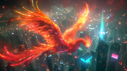 Majestic Mythical Phoenix Reborn in Blaze of Iridescent Holographic Flames Amid Futuristic Cityscape