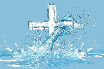 A cross composed of flowing water, emphasizing baptism and cleansing - obrazy, fototapety, plakaty