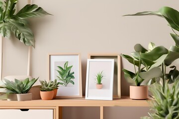 3D illustration mockup blank photo frame in living room, interior built-in and decorated with plant in pot rendering