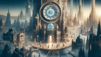  image of the Fantasy City of Time, featuring the giant clock and citizens able to travel through time - obrazy, fototapety, plakaty
