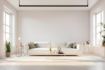 Mockup white wall in loft style house with sofa and accessories in the room.