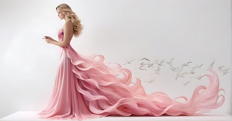 White background imagine a beautiful young woman wearing wave pink dress like flying birds