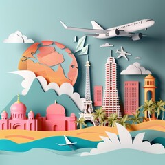 Illustration banner of travel insurance in paper art styles, ensuring peace of mind, with big copy space