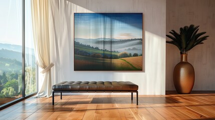 A living room with a single large, frameless landscape painting, a contemporary leather bench, and a designer floor vase