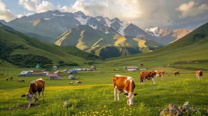 Obraz premium Cows graze on the hills amidst the breathtaking beauty of the city between the mountains.