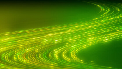Illustation of glowing neon lines in green and yellow on reflecting floor - abstract background.