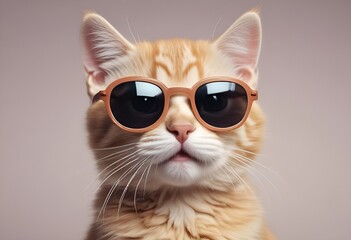 funny close-up portrait of a tabby cat with brown sunglasses on pastel background with copy space - Powered by Adobe